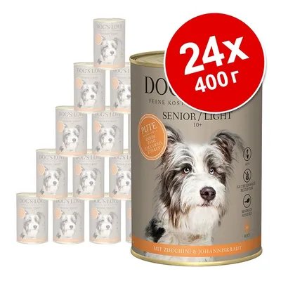 DOG'S LOVE SENIOR/LIGHT 10+, пуйка, с тиквички и жълт кантарион, комплект 24×400 г консерви за кучета. Видими са икони: без зърнени, произведено в Австрия, ниско съдържание на мазнини.