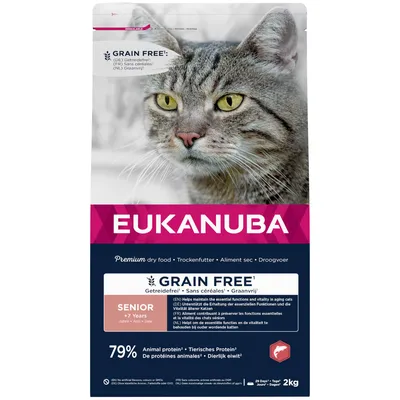 Eukanuba Premium suha hrana za mačke, bez žitarica, senior od 7 godina, 79% životinjskih proteina, podržava osnovne funkcije i vitalnost starijih mačaka. Pakiranje: 2 kg.