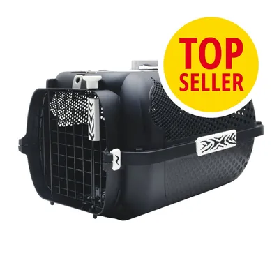 Czarna plastikowa transporterka z metalowymi drzwiczkami, białe elementy ozdobne. Na żółtym kole widoczny napis: TOP SELLER.