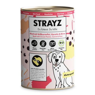 STRAYZ tacchino con zucca, finocchio e riso. Monoproteico, senza glutine, senza zuccheri aggiunti, biologico. Ogni lattina aiuta cani in difficoltà.