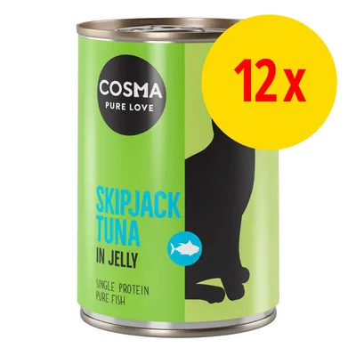 Cosma Pure Love Skipjack Tuna in Jelly, Single Protein Pure Fish, lot de 12 boîtes. Texte visible en anglais sur l’emballage vert avec silhouette de chat.