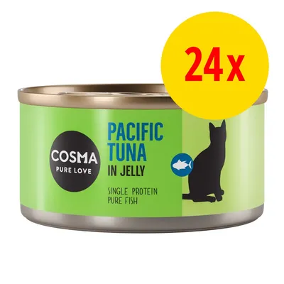 Cosma Pure Love Pacific Tuna in Jelly, lot de 24 boîtes. Texte visible : Single Protein Pure Fish, silhouette de chat et poisson sur l’emballage.