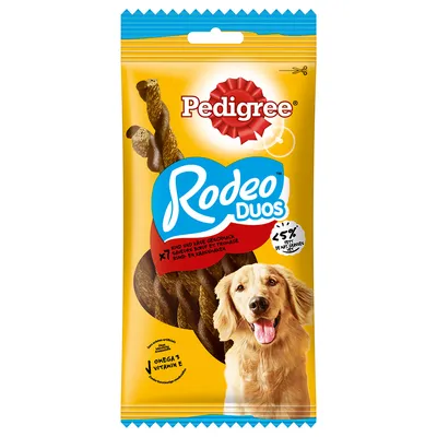 Pedigree Rodeo Duos, naudan- ja juustonmakuinen, alle 5 % rasvaa, omega-3 ja E-vitamiini. Pakkaus, jossa 7 purutankoa.