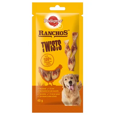 Pedigree Ranchos Twists, 40g. Senza cereali, meno del 5% di grassi, senza coloranti o aromi artificiali. Con pollo, ingredienti 100% naturali.