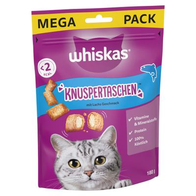 Whiskas Knuspertaschen med kalkon, under 2 kcal per bit. Förpackning i kattform med bild på grå katt och kalkonsymbol.