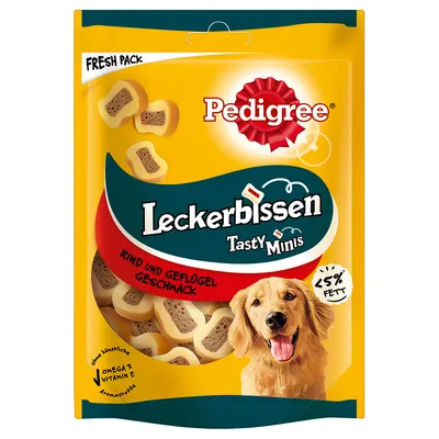Pedigree Leckerbissen Tasty Minis, gust de vită și carne de pasăre, sub 5% grăsime, Omega 3, vitamina E, fără arome artificiale. Ambalaj Fresh Pack.