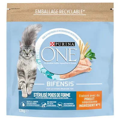 Purina One Bifensis Sterilisé Poids de Forme, τροφή για γάτες με κοτόπουλο, 1,5 kg, ανακυκλώσιμη συσκευασία.