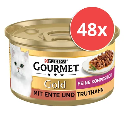 Purina Gourmet Gold Feine Komposition, mit Ente und Truthahn, 48x Dose. Abbildung von Produkt und servierter Mahlzeit.
