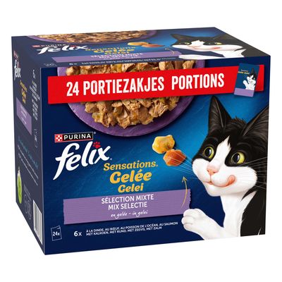 Purina Felix Sensations Gelee Mix Selection, 24 Portionsbeutel. Mit Truthahn, Rind, Ozeanfisch, Lachs, Meeresfrüchten in Gelee.