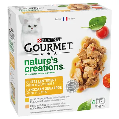Purina Gourmet Nature's Creations, hitaasti kypsennetyt mini-fileet, runsaasti kanaa ja kalkkunaa, ilman keinotekoisia väriaineita, valmistettu Ranskassa, 8x85g.