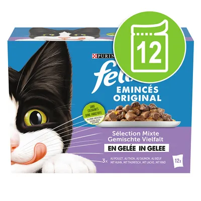 Purina Felix Emincés Original, mixed selection in jelly. No colourants. 12 servings with chicken, tuna, salmon and beef.