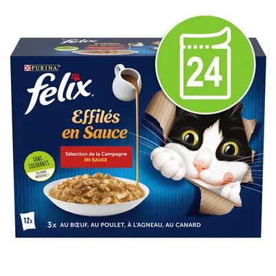 Purina Felix Effilés en Sauce, Auswahl der Campagne, ohne Farbstoffe. 12 Portionen: 3x Rind, Huhn, Lamm, Ente. Verpackung mit grünem Symbol für 24 Beutel.