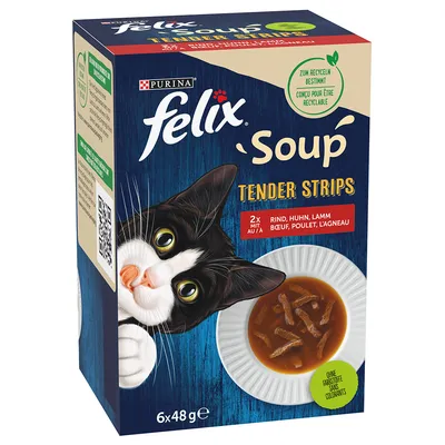 Boîte Purina Felix Soup Tender Strips, 6x48g, bœuf, poulet, agneau. Mention : conçu pour être recyclable. Sans colorants. Illustration d’une assiette de soupe avec morceaux.