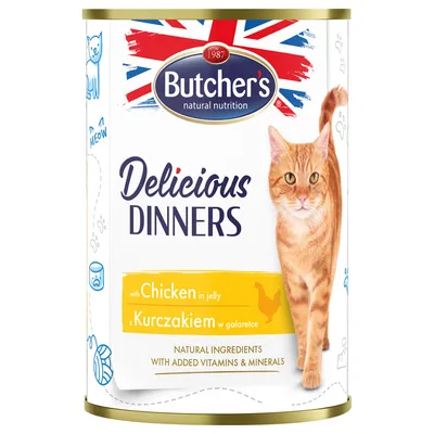 Butcher's Delicious Dinners with chicken in jelly. Natural ingredients with added vitamins and minerals.
