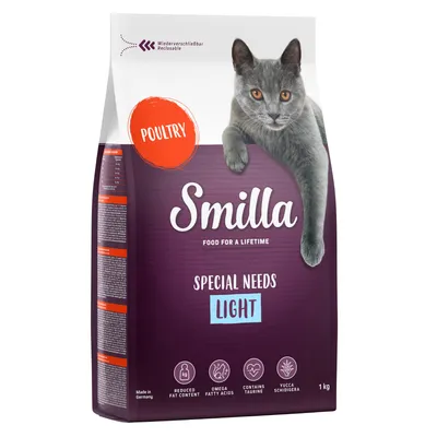 Smilla Special Needs Light -kissanruoka siipikarjalla, vähennetty rasvapitoisuus, omega-rasvahapot, tauriini ja yucca schidigera. Uudelleensuljettava pakkaus, 1 kg, valmistettu Saksassa.