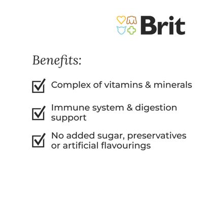 Brit Care Multivitamin Paste, tube avec chat, texte visible : NO SUGAR ADDED, vitamines A B1 B2 Mg, PREVENTION BY NUTRITION. Complex of vitamins and minerals (texte en anglais).
