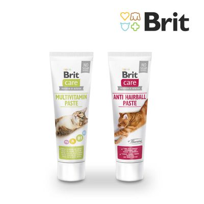 Brit Care Multivitamin Paste, tube avec chat, texte visible : NO SUGAR ADDED, vitamines A B1 B2 Mg, PREVENTION BY NUTRITION. Complex of vitamins and minerals (texte en anglais).