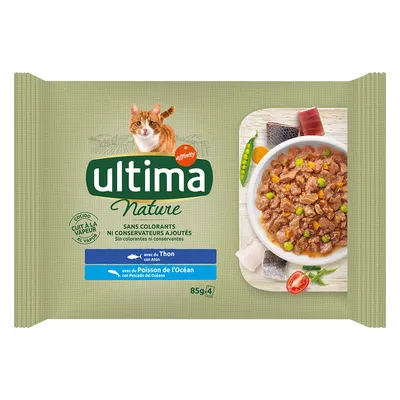 Ultima Nature kattmat med tonfisk och havsfisk, utan färgämnen och konserveringsmedel, ångkokt, 85g förpackning.