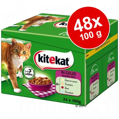 Kitekat IN GELEE Markt-Mix, 48×100 g. Mix: 6× kuře a jehně, 6× krůta, 6× hovězí, 6× tuňák. Balení 24×100 g zobrazeno na obalu.