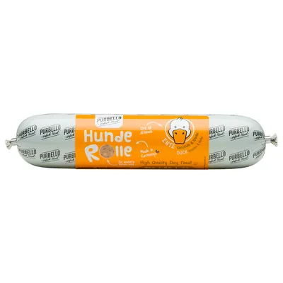 Saucisse pour chien PURBELLO Hunde Rolle, étiquette orange avec texte : Ente Duck, Made in Germany, High Quality Dog Food. Illustration de tête de canard visible.