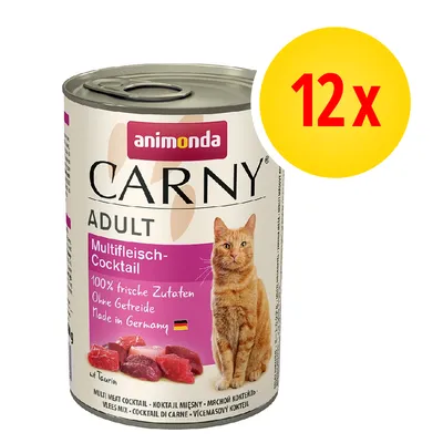 animonda Carny Adult Multifleisch-Cocktail, 100% frische Zutaten, Ohne Getreide, Made in Germany, zestaw 12 puszek. Na opakowaniu zdjęcie kota i kawałków mięsa.