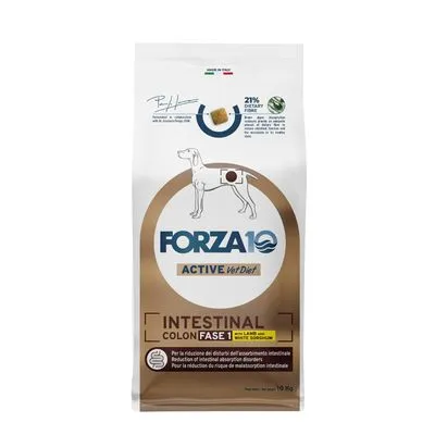 FORZA10 Active Vet Diet Intestinal Colon Fase 1 hondenvoer, met lam en rijst, 21% dietary fiber, verpakking van 10 kg. Tekst deels in het Engels zichtbaar op de zak. FORZA10 Active Vet Diet Intestinal Colon Fase 1 hondenvoer, met lam en rijst, 21% dietary fiber, verpakking van 10 kg. Tekst deels in het Engels zichtbaar op de zak.