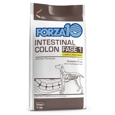 Sac Forza10 Intestinal Colon Fase 1 pentru câini, 10 kg, cu agnello și sorgo bianco. Text vizibil: Made in Italy, Canine Formula, Graziano Pengo, Rich in Hydrolyzed Protein. Sac Forza10 Intestinal Colon Fase 1 pentru câini, 10 kg, cu agnello și sorgo bianco. Text vizibil: Made in Italy, Canine Formula, Graziano Pengo, Rich in Hydrolyzed Protein.