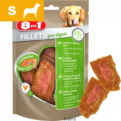 8 in 1 FILLETS pro digest, Chicken Fillet +Nutri-Center, opakowanie z przysmakami dla psów, widoczne kawałki filetów, tekst w języku angielskim, niemieckim, francuskim i włoskim. 8 in 1 FILLETS pro digest, Chicken Fillet +Nutri-Center, opakowanie z przysmakami dla psów, widoczne kawałki filetów, tekst w języku angielskim, niemieckim, francuskim i włoskim.