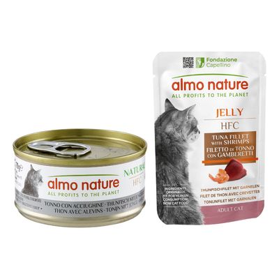 almo nature HFC Jelly Filete de atún con langosta, lata y sobre, inscripción: Todos los beneficios para el planeta, Gato adulto, 100% de los beneficios para la naturaleza.