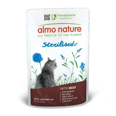 Almo Nature Sterilised Multipack, 6x70g nedves eledel felnőtt, ivartalanított macskáknak. Változatok: tőkehal és csirke. Márka támogatja a biodiverzitást és klímavédelmet.