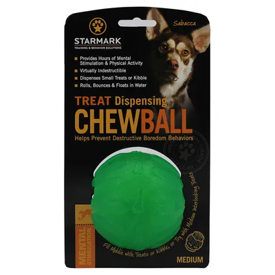 Starmark Chewball Medium. Minge verde pentru stimulare mentală, umplută cu recompense sau hrană uscată. Plutește pe apă, sare și se rostogolește. Ajută la prevenirea comportamentului distructiv.