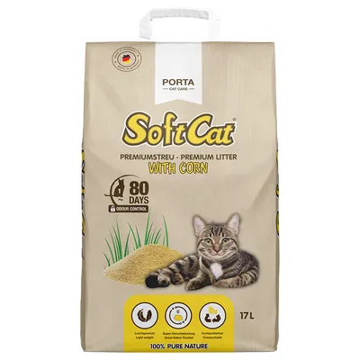 SoftCat Premium-hiekka maissilla, 17 l. Hajunhallinta jopa 80 päivää. Kevyt, erittäin hyvä hajunsidonta, kompostoituva. Valmistettu Saksassa, 100 % luonnollinen.
