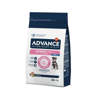 Advance Veterinary Diets Atopic & Food Sensitivity Mini <10kg s pstruhem, pomáhá snížit svědění do 4 týdnů, balení 1,5 kg.