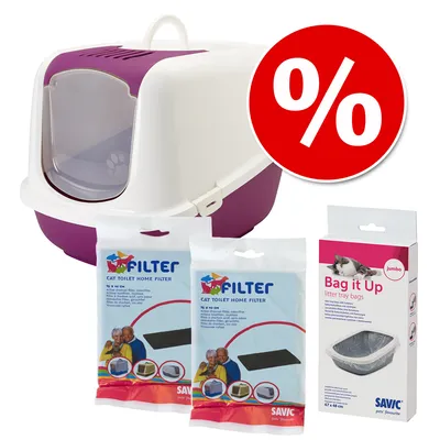 Kattenbak met deksel, 2 verpakkingen Savic Cat Toilet Home Filter en een doos Savic Bag it Up jumbo kattenbakkorreltassen, kortingssymbool zichtbaar.