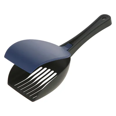 Litter scoop made of black plastic with blue lid, suitable for hygienic removal of cat litter.