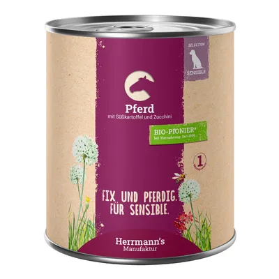 Pachet economic Herrmann's Bio-Menü Sensitive 24 x 800 g - Cal cu cartofi dulci bio și dovlecei bio