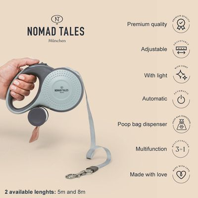 Nomad Tales München guinzaglio per cani, funzione automatica, regolabile, con luce, dispenser per sacchetti, multifunzione. Disponibile in 2 lunghezze: 5 m e 8 m.