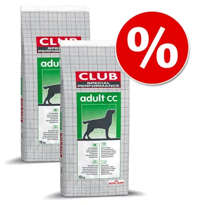 Dwie torby karmy CLUB Special Performance adult cc 15 kg Royal Canin, widoczny symbol procentu na czerwonym tle oznaczający promocję lub ofertę specjalną.