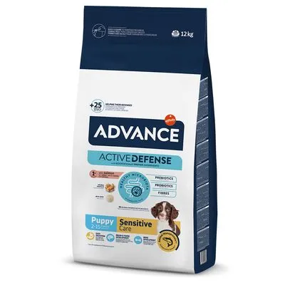 ADVANCE Active Defense Puppy Sensitive Care 2–15 maanden, 12 kg. Prebiotica, probiotica, vezels. Hondenafbeelding op verpakking. +25 jaar ervaring. Voor gevoelige puppy's zichtbaar vermeld.