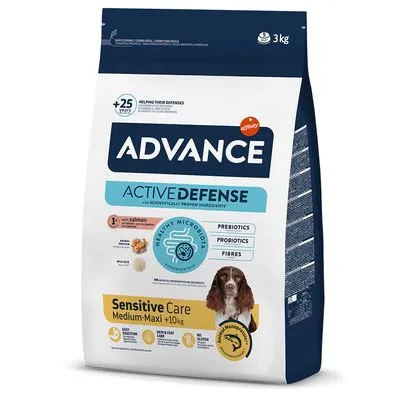 Advance Active Defense Sensitive Care Medium-Maxi +10 kg hondenvoer, 3 kg zak. Met zalm, prebiotica, probiotica, vezels. Afbeelding van hond op de verpakking.