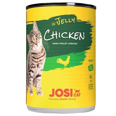 JosiCat kattenvoer in jelly met kip, Adult, graanvrij. Tekst: Huhn, Poulet, Kurczak. Powered by Josera Germany. Klimaatneutrale productie.
