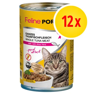 Feline Porta 21 kattenvoer, ganse tonijn, met aloe vera, zonder toegevoegde suiker, 12 x 400 g. Tekst deels in het Engels en Duits zichtbaar op verpakking.