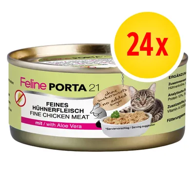 Feline Porta 21 kattenvoer, fijn kippenvlees met Aloe Vera, zonder toegevoegde suikers, 24x. Tekst in Duits en Engels: 'Feines Hühnerfleisch', 'Fine Chicken Meat', 'no added sugar'.