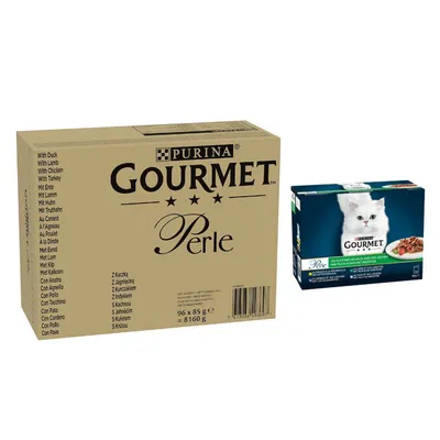 96 x 85 g Jumbopack Gourmet + 24 x 85 g passendes Nassfutter gratis! - 96 x 85 g Perle: Ente, Lamm, Huhn, Truthahn in Sauce + 24 x 85 g Perle Gemischte Auswahl: Erlesene Streifen mit Gemüse