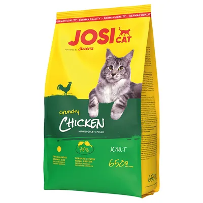 Sac de croquettes JosiCat Crunchy Chicken pour chat adulte, 48 % protéines animales, 650 g. Texte visible : Huhn/Poulet/Pollo, German Quality, Powered by Josera.