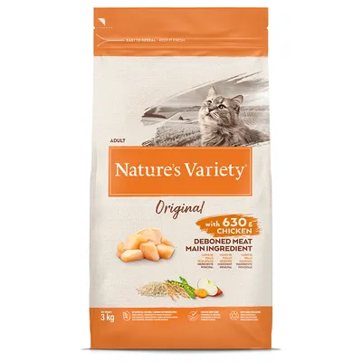 Nature's Variety Original Adult kattefoder, hovedingrediens 630g udbenet kyllingekød, 3kg pakke. Med grøntsager og korn, genluk for friskhed.