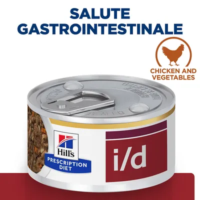 Hill's Prescription Diet i/d, lattina con scritta 'Salute gastrointestinale', testo 'Chicken and vegetables', immagine di pollo. Etichetta visibile sul prodotto.