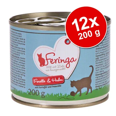Konzerva Feringa Forelle & Huhn, mit Kartoffel und Petersilie, 200 g. Červený kruh s textem: 12x 200 g. Konzerva Feringa Forelle & Huhn, mit Kartoffel und Petersilie, 200 g. Červený kruh s textem: 12x 200 g.