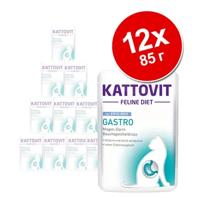 Kattovit Feline Diet Gastro с уткой и рисом, 12×85 г. Видны надписи: Magen-Darm, Bauchspeicheldrüse, fettarm und leicht verdaulich, hoher Elektrolytgehalt.