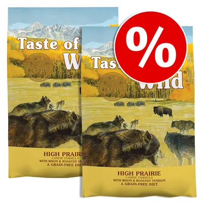 Taste of the Wild High Prairie kutyatáp csomag, két zsák, piros százalékos akciójelzéssel. Felirat: Canine Formula with Bison & Roasted Venison, A Grain-Free Diet.